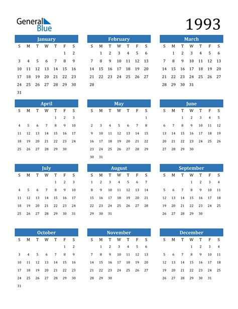 1993 Calendar (PDF, Word, Excel)