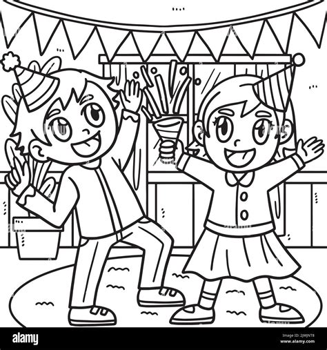 Children Celebrating New Year Coloring Page Stock Vector Image & Art - Alamy