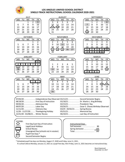 Los Angeles Unified School District Calendar 2020-2021