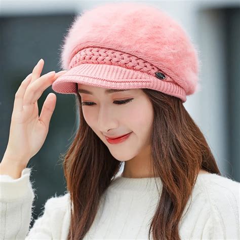 HT2169 Korea Style Women Hats Winter Warm Rabbit Fur Hats Ladies Solid ...