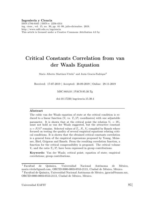 (PDF) Critical Constants Correlation from van der Waals Equation