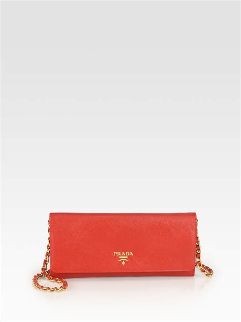 Prada Saffiano Metal Oro Chain Wallet in Red | Lyst