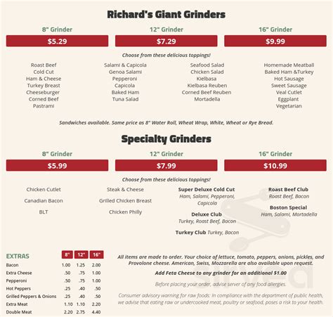 Richard's Grinders menu in West Springfield, Massachusetts, USA