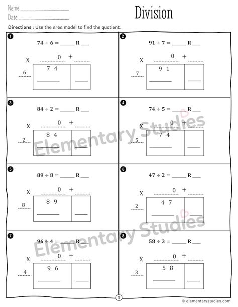 Division using Area Model Worksheets - Elementary Studies