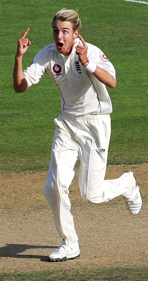 A delighted Stuart Broad celebrates one of his two wickets ...