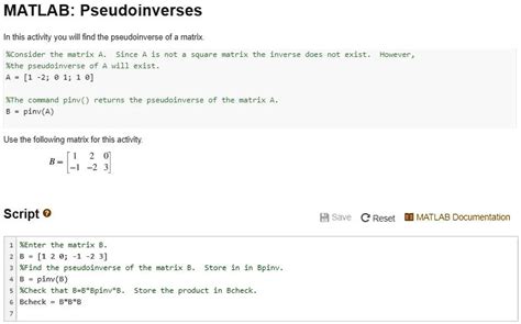 SOLVED: MATLAB: Pseudoinverses In this activity, you will find the pseudoinverse of matrix B ...