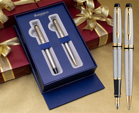 Waterman Expert Fountain & Ballpoint Pen Set - Stainless Steel Gold Trim in Luxury Gift Box ...