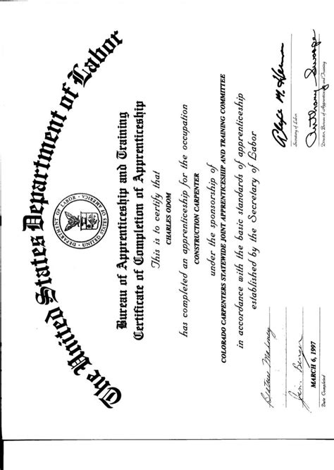 Journeyman Carpenter certificate