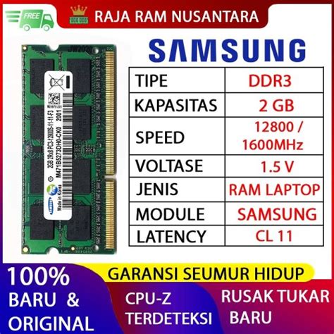 Jual RAM LAPTOP SAMSUNG DDR3 2GB 12800 / 1600MHz ORI RAM SODIMM 1.5v ...