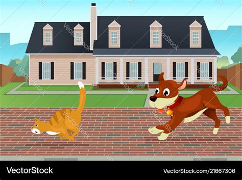 Ginger tabby cat chasing a young dog in high speed, with green grass background Stock Photo Alamy