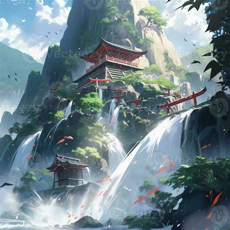 anime scenery of a waterfall with a pagoda and a waterfall. generative ...