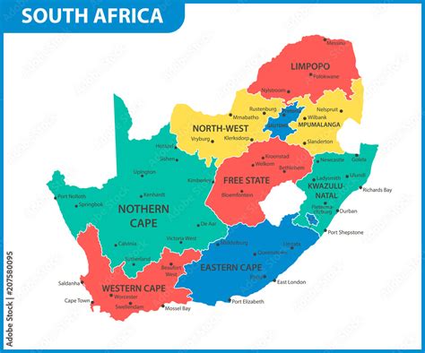 The detailed map of South Africa with regions or states and cities, capital. Administrative ...