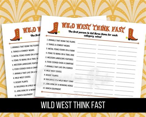 Printable Wild West Think Fast Game, Western Theme Party Games, Cowboy ...