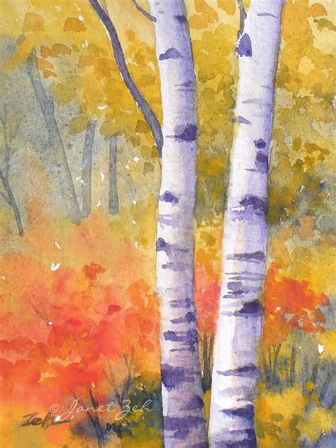 Janet Zeh Original Art Watercolor and Oil Paintings: Birch Tree Autumn Landscapes Fine Art ...
