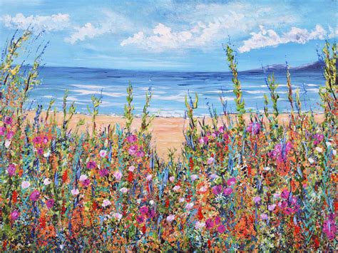 Summer Beach, Ocean Art Prints, Beach Flowers Ocean Waves, Fine Art Wall Painting, Colorful ...