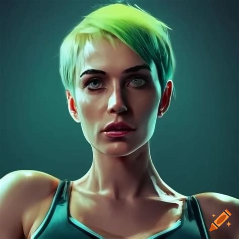 Character design of a futuristic woman with short green hair and green eyes on Craiyon