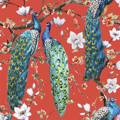 Victorian Peacocks on Red | Watercolor pattern, Peacock wallpaper, Victorian wallpaper