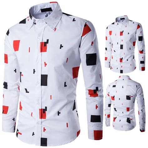 Men Shirts Mens Casual Long Sleeve Shirt Business Slim Fit Shirt Printed Blouse Top Mens shirts ...