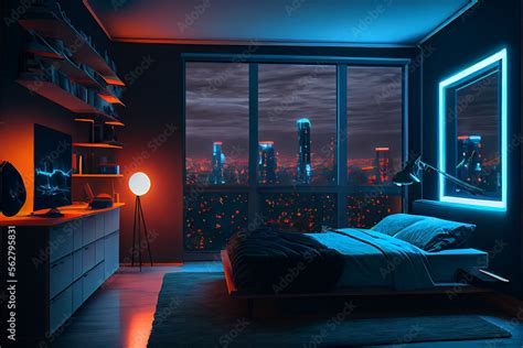 Modern bedroom interior with neon lights glowing ambient in the evening ...