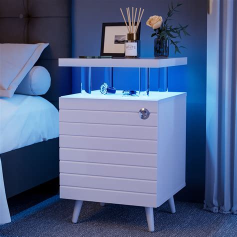 Homiyad LED Nightstand LED Bedside Table End Tables Living Room with 4 Acrylic Columns, Bedside ...