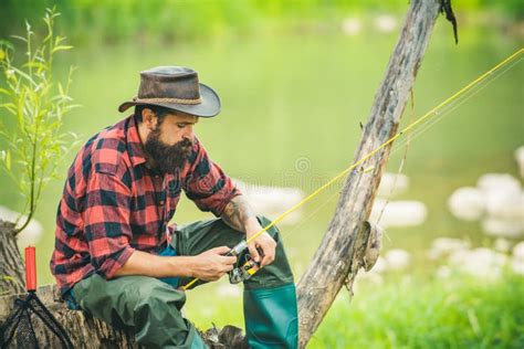 Fishing Hobby and Summer Weekend. Bearded Men Fisher with Fishing Rod. Stock Photo - Image of ...
