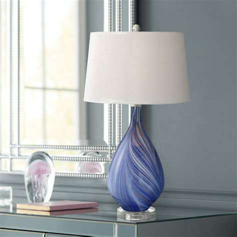 Possini Euro Design Modern Table Lamp Teardrop Blue Swirl Art Glass Tapered Drum Shade for ...