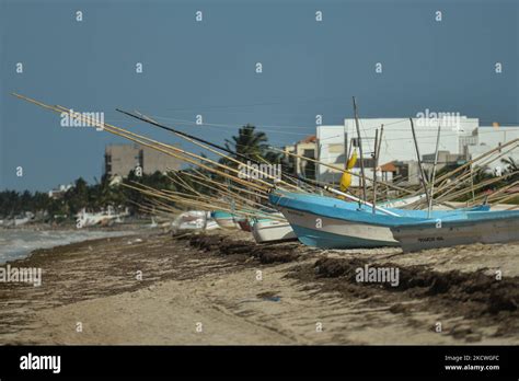 Fishing boats on the beach in Progreso On Tuesday, November 23, 2021, in Progreso, Yucatan ...