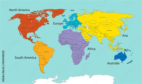 World map divided into six continents in different color. World map 6 ...