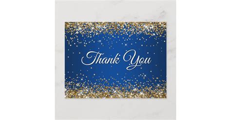 Faux Sparkly Gold Glitter Deep Blue Thank You Postcard | Zazzle