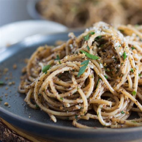 Olive Tapenade Spaghetti with Crispy Breadcrumbs