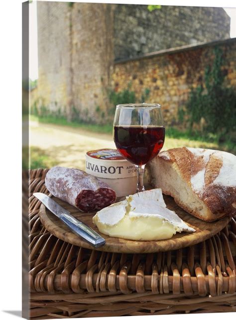 Bread, glass of red wine, cheese and sausage, Dordogne, France Wall Art ...