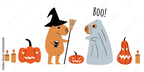 Capybara halloween party cartoon illustration. Capybaras dressed as witch and ghost. Cute ...