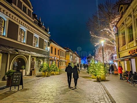 Kaunas City Old Town Street with Restaurants Decorated for Christmas Editorial Photography ...