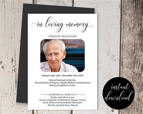 Funeral Announcement Template - Printable Memorial Service, Mass Invitation - Simple Invite Card ...