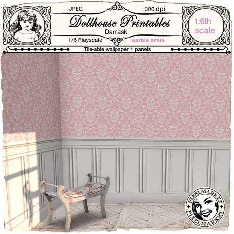 DOLLHOUSE Printable WALLPAPER and WAINSCOTING Pink Damask Wall Covering ...