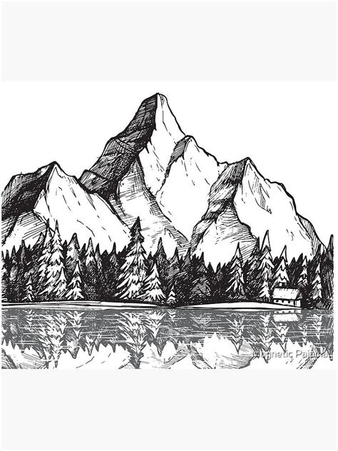 Scenic Mountain with Reflection in Lake Water // Snowy Mountains Mountain Range Drawing Tapestry ...