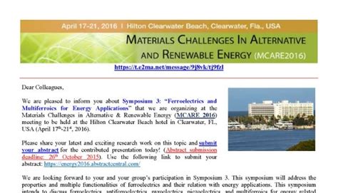 Symposium "Ferroelectrics and Multiferroics for Energy Applications" in MCARE meeting (April 2016)