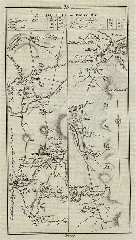 antique maps ireland route map with ballymena clogh ballycastle 1783 ...