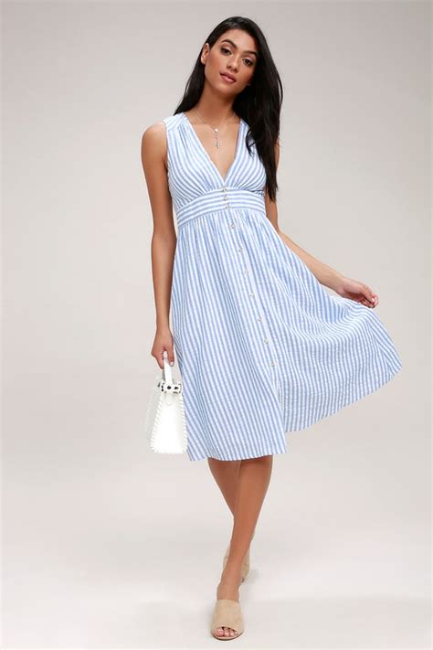 Cute Blue and White Striped Dress - Button-Front Midi Dress - Lulus