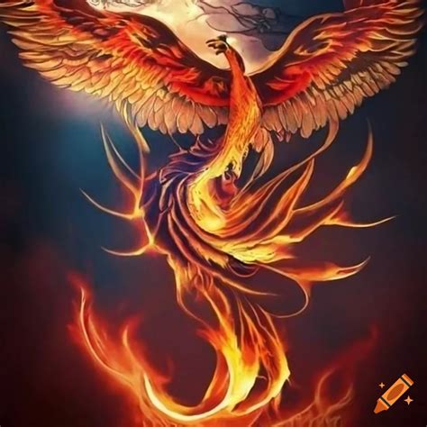 Tattoo of a phoenix rising from ashes with spread wings