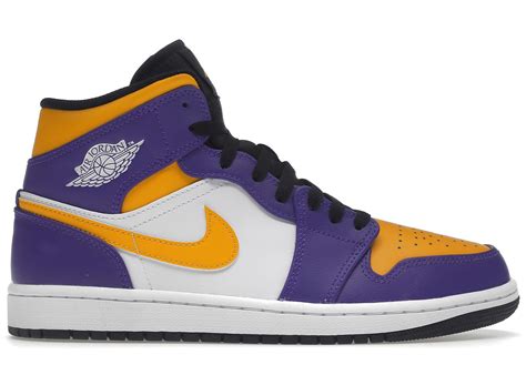 Men's Jordan 1 Mid Lakers Sneakers in Purple/White/Yellow