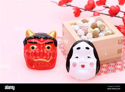 Japanese traditional Setsubun event, Masks of Oni demon and soybeans ...