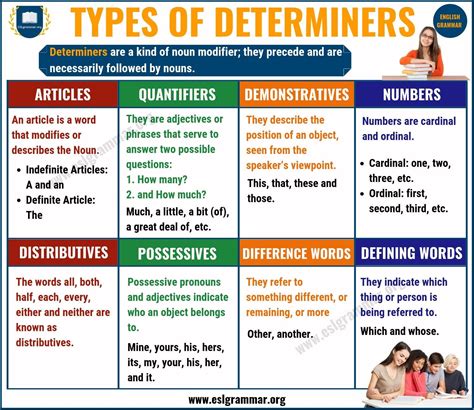 Determiner: Types of Determiners with Useful Examples - ESL Grammar | English grammar ...