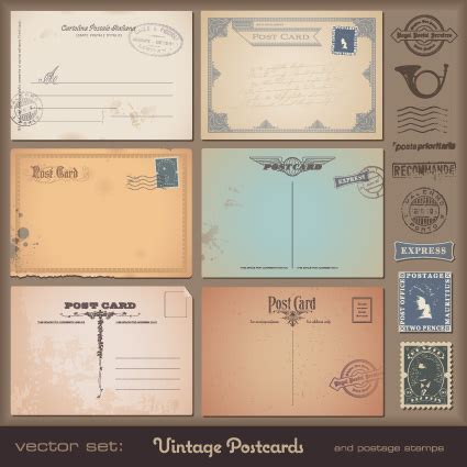 Vector set of Vintage postcard with stamps elements 05 - Vector Card free download