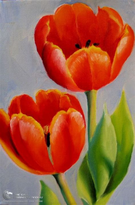 Tranh Vẽ Lọ Hoa Tulip Màu Tím Mộng Mơ