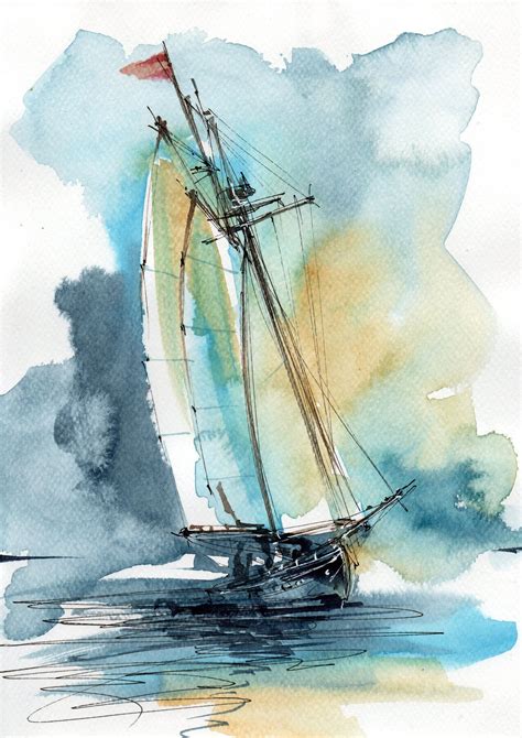 ORIGINAL WATERCOLOR SEASCAPE Abstract Sail Sailing Ship - Etsy in 2023 ...