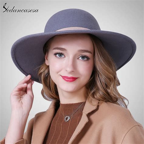 Sedancasesa New Fashion Wide Brim Hats For Women 100% Australian Wool Elegant Floppy Hat Female ...