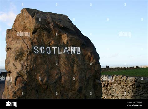 Boundary stone on England and Scotland Border at Carter Bar south of Jedburgh Cheviot Hills main ...