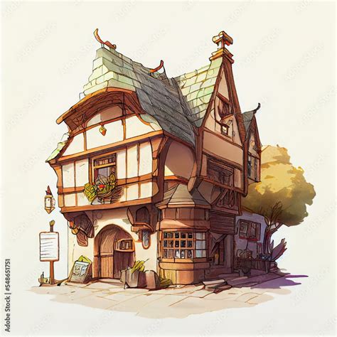 Colour line art of a Tavern House Building Flat Comics Manga Medieval ...