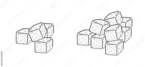 Cartoon, hand draw sugar cubes. Vector sugar cube icon or symbol. Line pattern. Pile of sugar ...